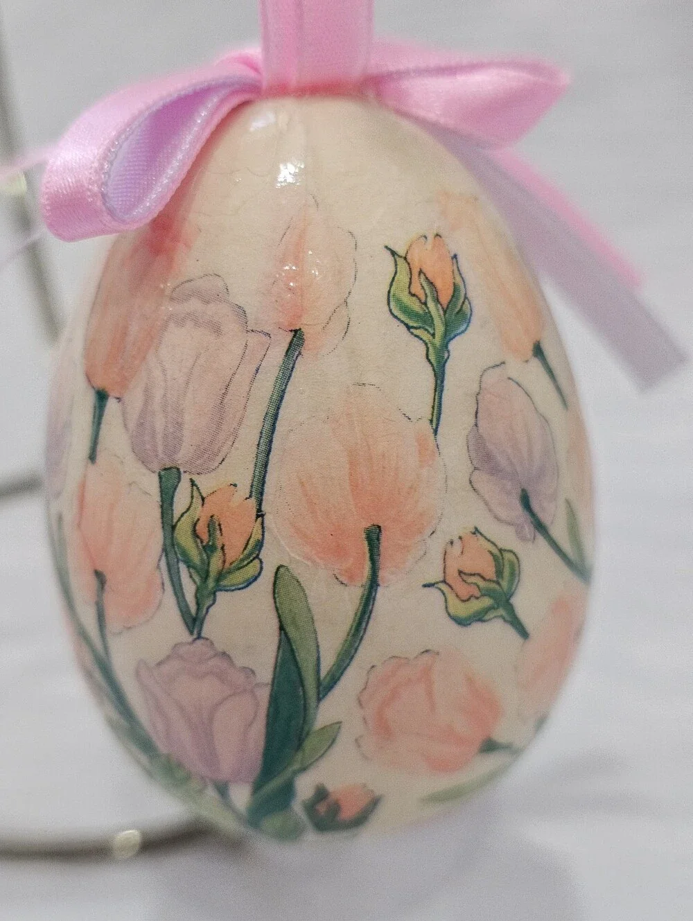 Vintage Pink Paper Mache Floral Easter Egg Ornament with Ribbon